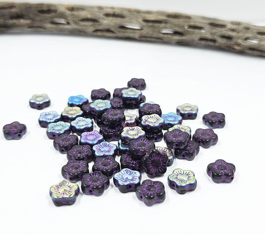 Czech Glass Beads  Flowers 10x10mm-Purple with a pink wash /One side AB coating pkg of 10