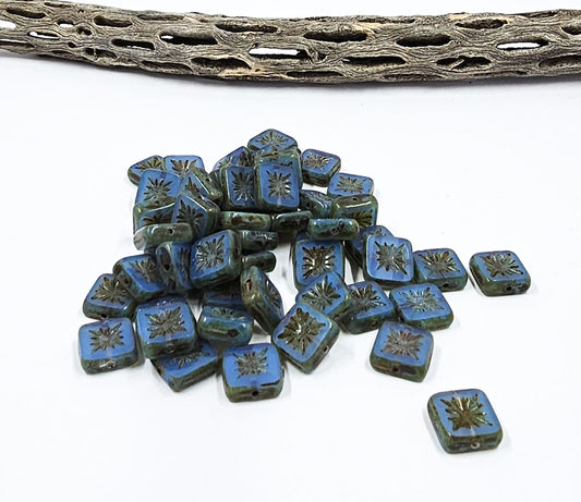 Czech Glass Beads -Square  Table Cut Kiwi Beads Translucent Blue with Picasso finish 10x10 Pkg of 8