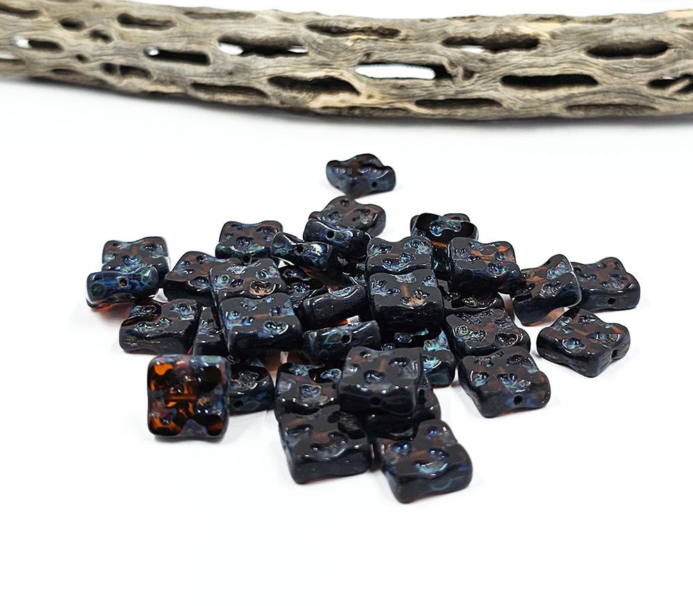 Czech Glass Beads -Square  Table Cut Square Beads Organic- Dark Amber with Picasso 10x10 Pkg of 8