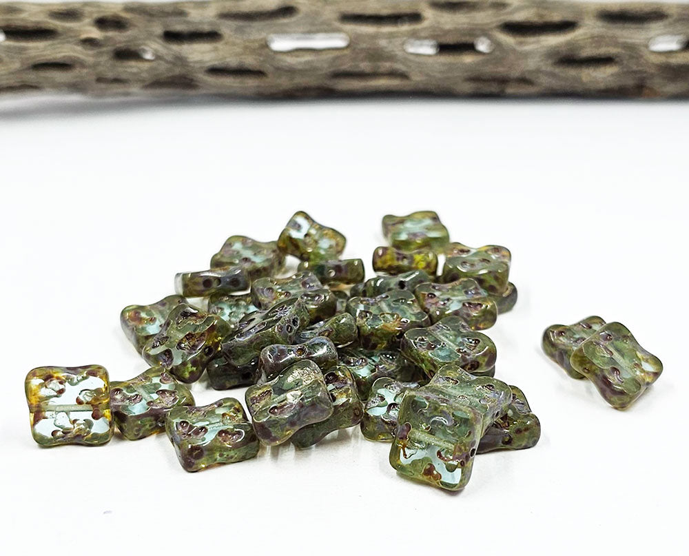 Czech Glass Beads -Square  Table Cut Square Beads Organic- Aqua blue with Picasso 10x10 Pkg of 8