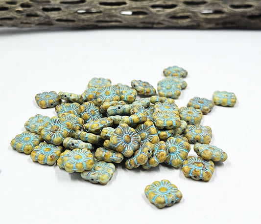 Czech Square Flower Beads Tan with Light Blue Wash Picasso  11x11mm pkg of 10