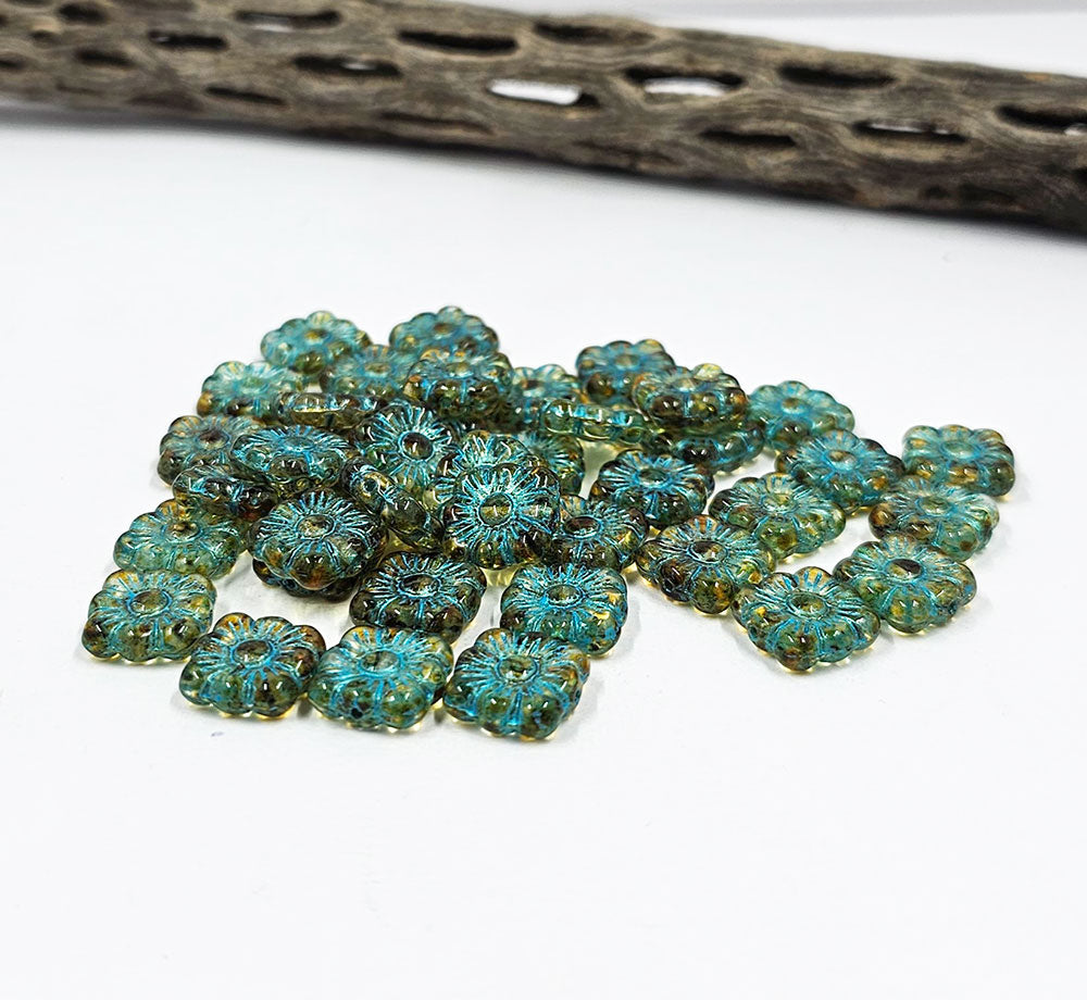 Czech Square Flower Beads Pale Amber with a Metallic Blue Wash  11x11mm pkg of 10