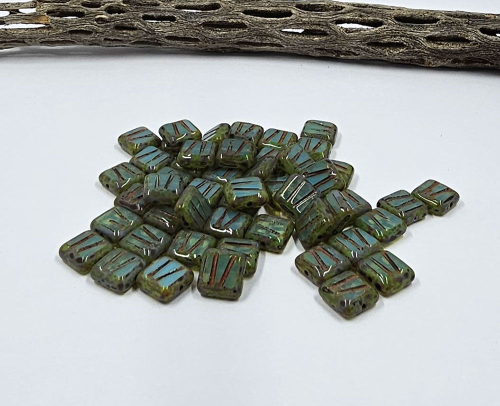 Czech Glass Beads -Square  Table Cut Square Beads Organic- Translucent Turquoise with Picasso 10x10 Pkg of 8