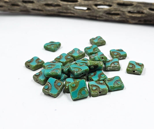 Czech Glass Beads -Square  Table Cut Square Beads with Dots Turrquoise Green  Picasso 10x10 Pkg of 8