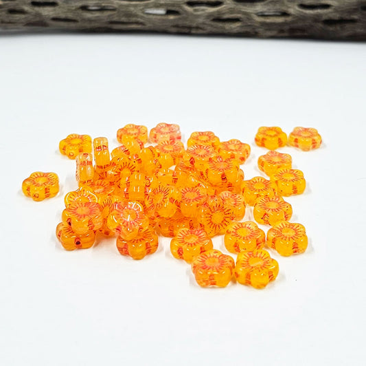 Czech Glass Beads "Sunset Flower" Beads Yellow with Orange Wash  pkg of 10