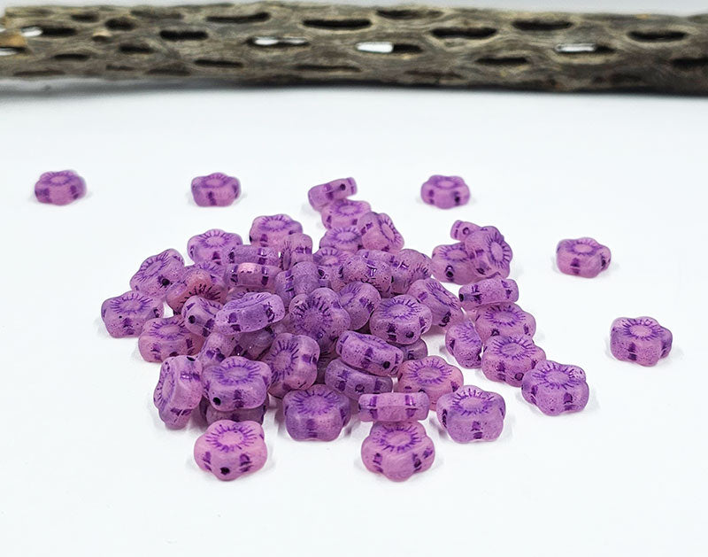 Czech Glass Beads "Sunset Flower" Beads Purple with Purple Wash  pkg of 10