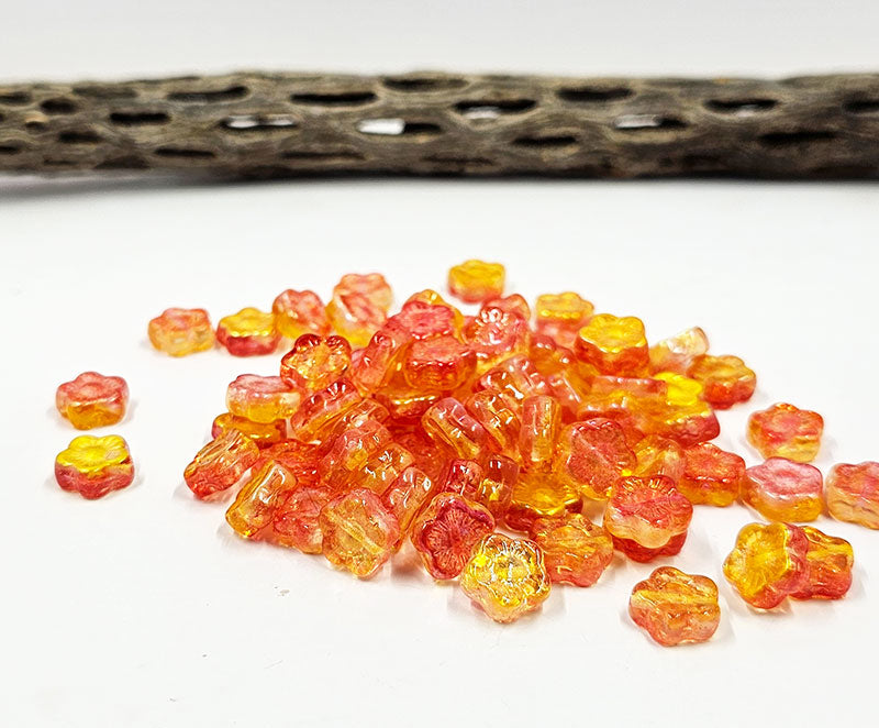 Czech Glass Beads "Sunset Flower" Beads Pinkish Orange and Yellow wth AB Finish  pkg of 10