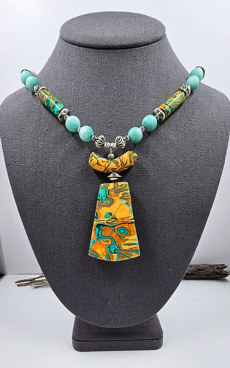 Polymer Clay Mokume Gane "Tribal" Necklace (Turquoise and Orange)