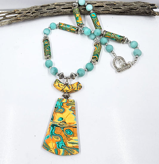 Polymer Clay Mokume Gane "Tribal" Necklace (Turquoise and Orange)