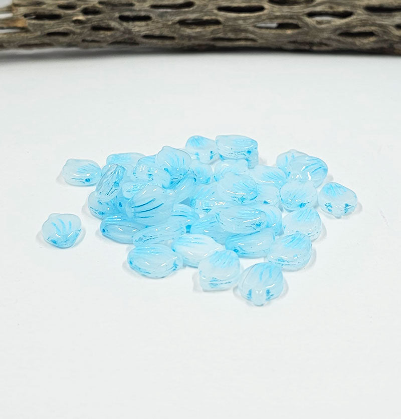 Czech Glass Beads "Peony Petals" Translucent White with Blue wash 9x12 Pkg of 10