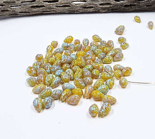 Czech Top Drilled Teardrop Beads-06x09mm-Translucent Yellow with Turquoise speckles pkg of 25