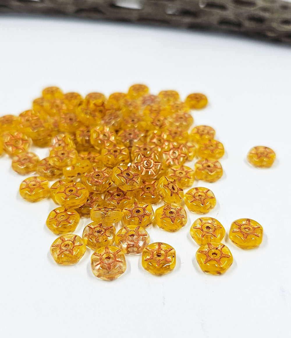 Czech Glass Beads-"Vintage Rondelle" Yellow with a Copper Wash Beads  pkg of 10