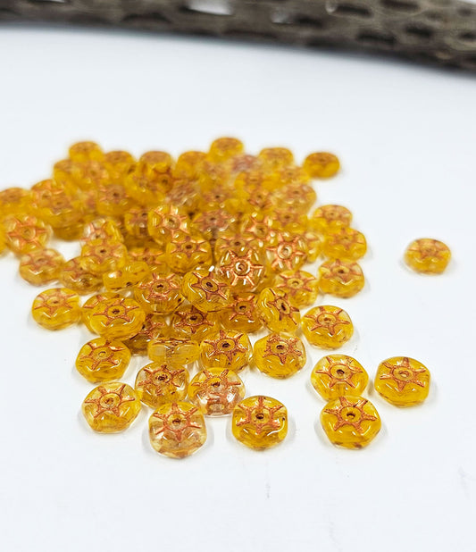 Czech Glass Beads-"Vintage Rondelle" Yellow with a Copper Wash Beads  pkg of 10