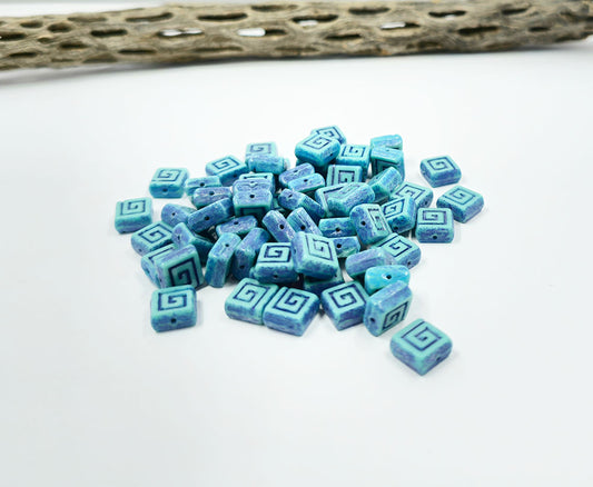 Czech Glass Beads -Square Celtic /Greek Light blue with Metallic blue wash 9x9