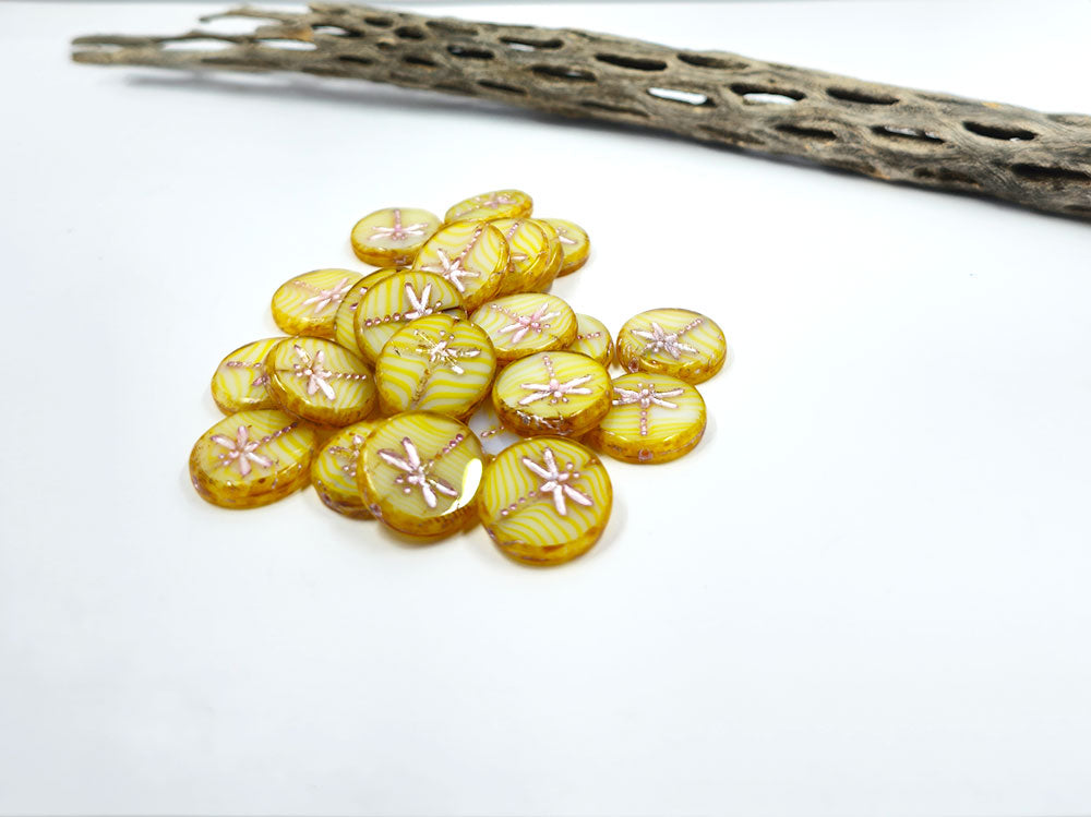 Czech Glass Beads tablecut "Dragonfly Beads Yellow Stripes 17x17mm Set of 2