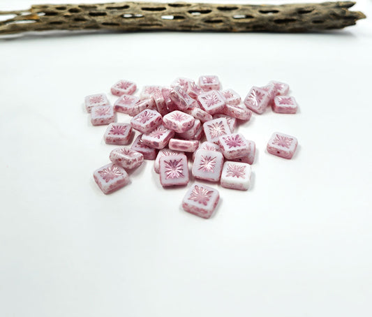 Czech Glass Beads -Square  Table Cut Kiwi Beads White with Pink Wash 10x10 Pkg of 8