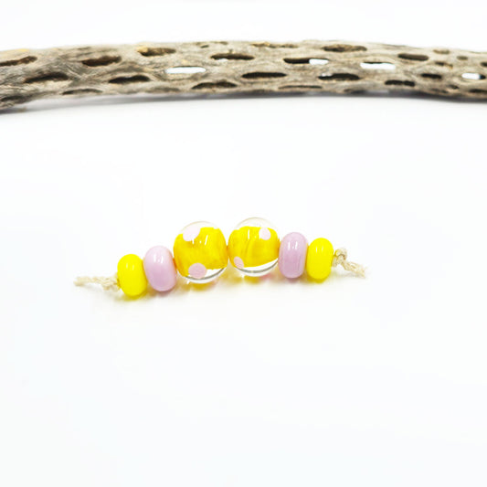 Handmade Lampwork Glass Beads Yellow with Pink Dots-SRA